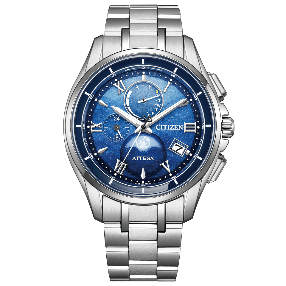 Front of Citizen ATTESA BY1000-69L showing its moon-phase aperture at six o’clock.